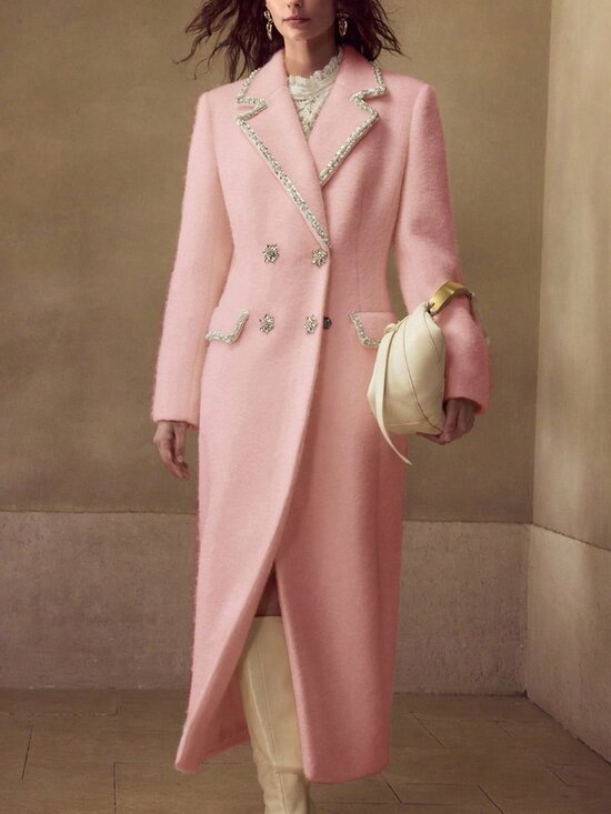 Jackets & Blazers - Pink Preppy Women's Rhinestone Double-Breasted Overcoat